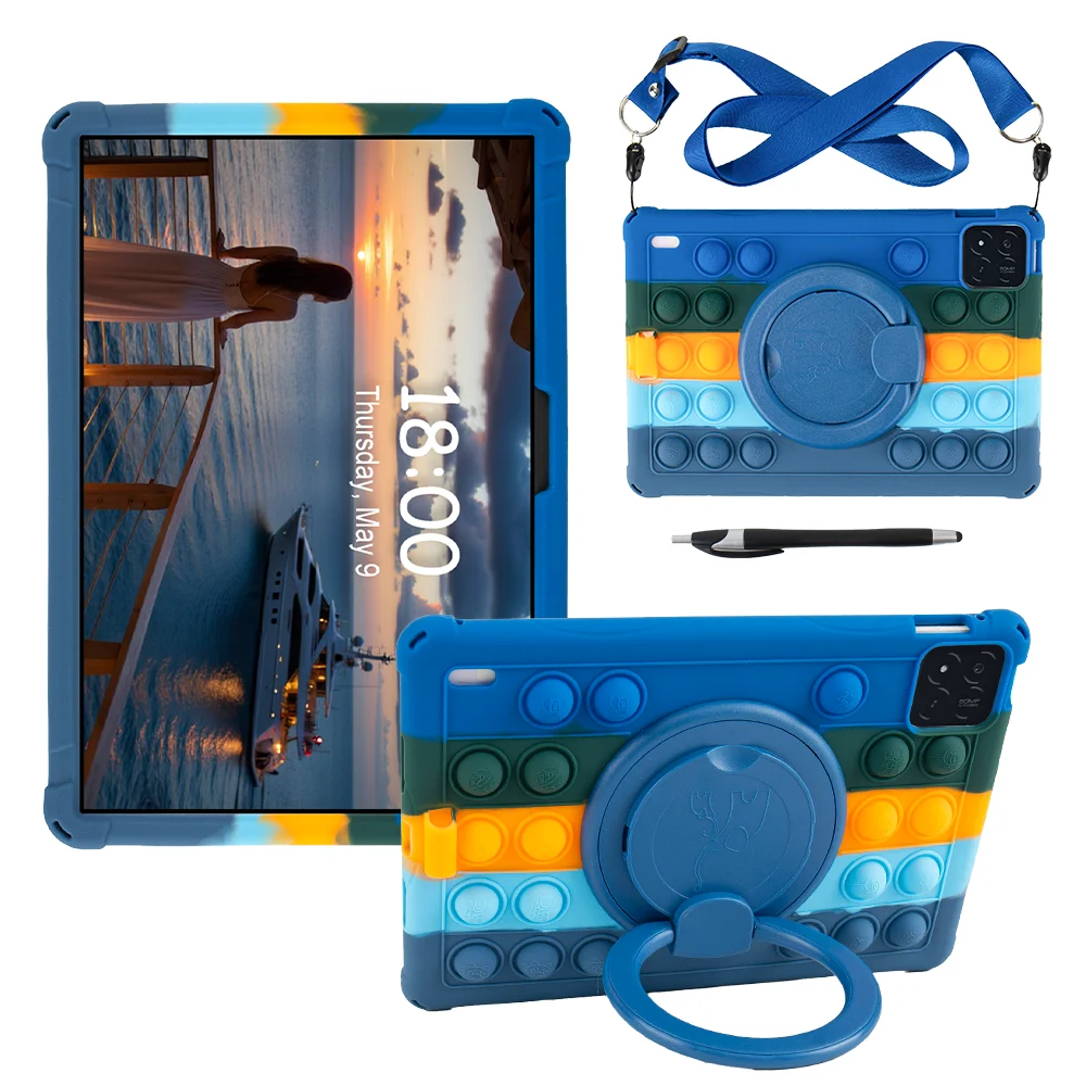 Soft Silicone Kids Tablet Case with 360° Rotating Stand, Handle Grip, Shoulder Strap, and Shockproof Protection