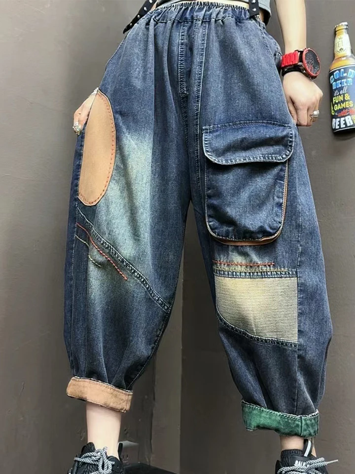 AmaxluluE Spring Patchwork Vintage Denim Pants Women 2024