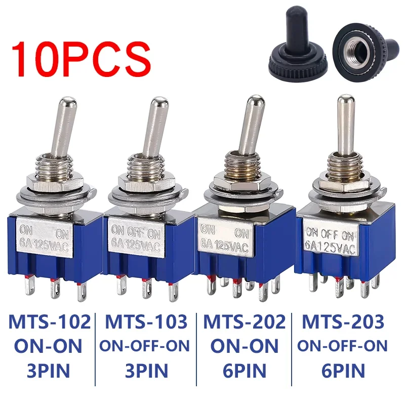 Toggle Switch 10pcs MTS-102 103 MTS-202 203 Toggle Switch 6A 125VAC on on SPDT 6mm Mini Switch DPDT off Waterproof Cap