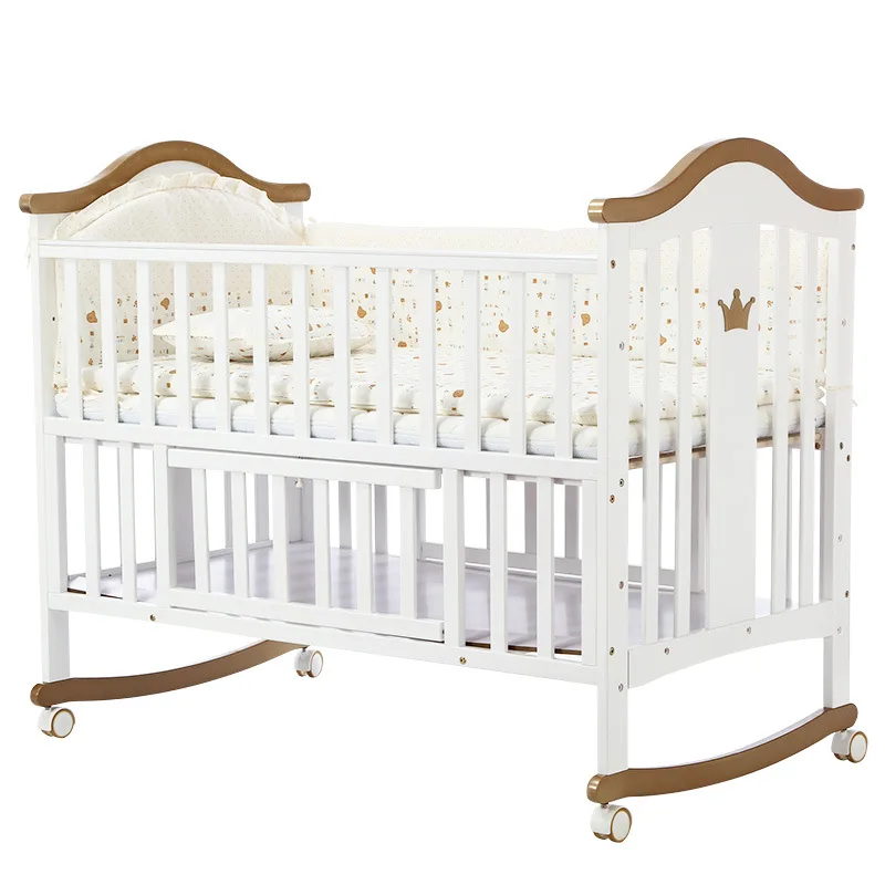 

Baby crib solid wood European style baby rocking bed with rollers, multifunctional pine wood, enlarged game, bed wholesale