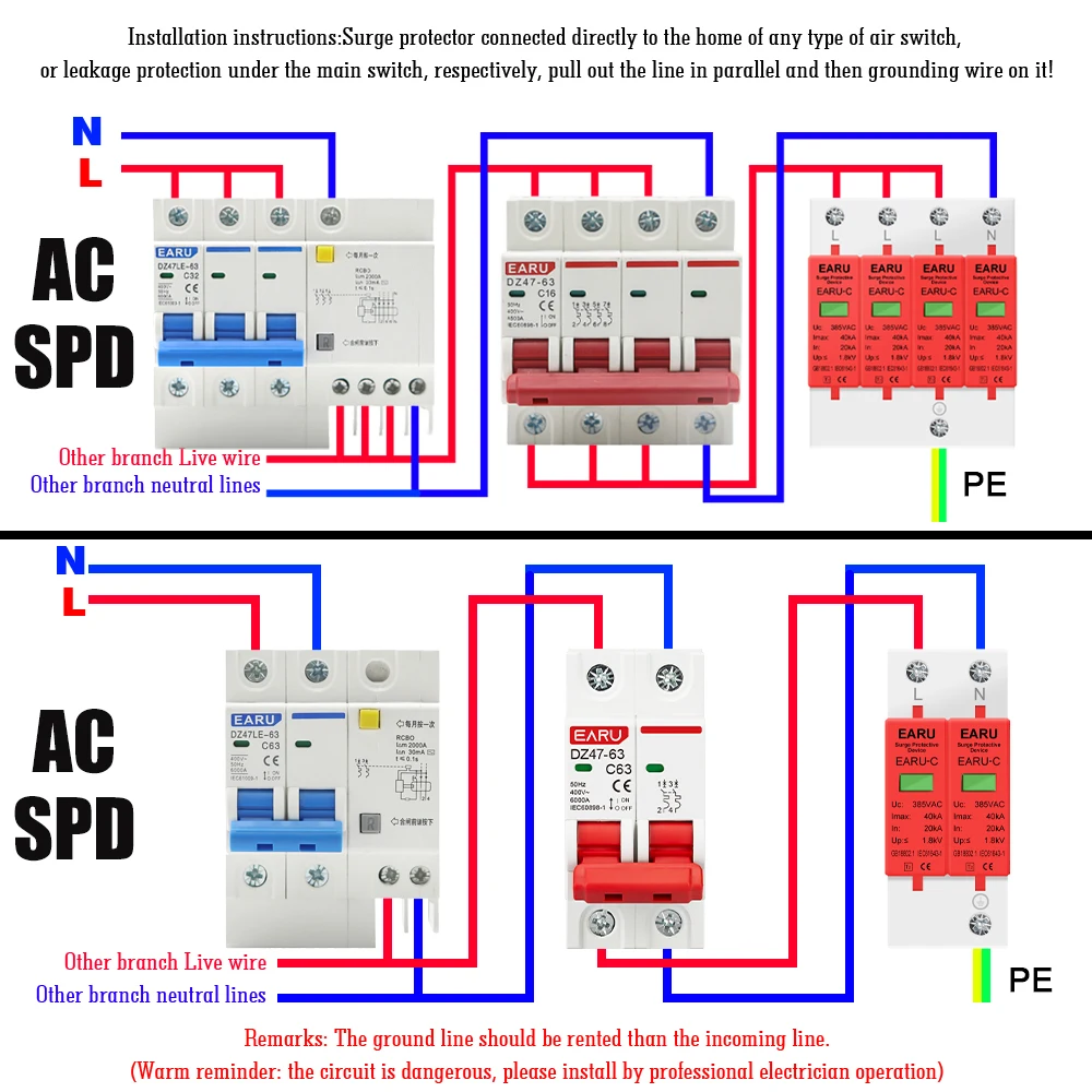 Power Surge Protective Device SPD Arrester Low Voltage House 1/2/3/4 Pole Surge Voltage Protection DC 500V 800V 1000V 40KA 60KA