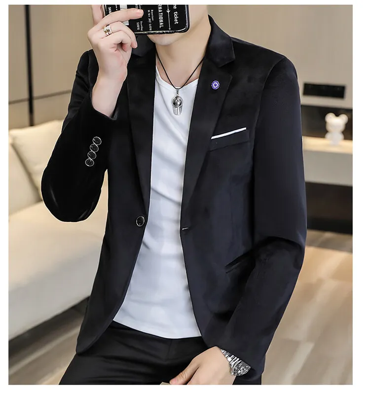 Lässige Herren-Samtkostüme in Unifarben 2026 Frühling Herbst Einknopf-Slim-Fit-Blazer Jacken Jugend Streetwear Mäntel Oberteile Kleidung – Detail 13