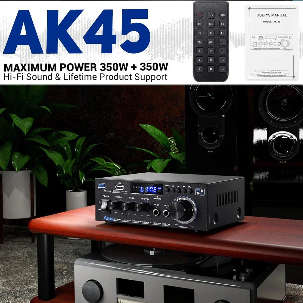 AK45 가정용 전력 증폭기, 블루투스 5.0 오디오 증폭기, HIFI CH 2.0 앰프 지지대, USB SD 카드 입력, 가정용 AV 시스템에 적합