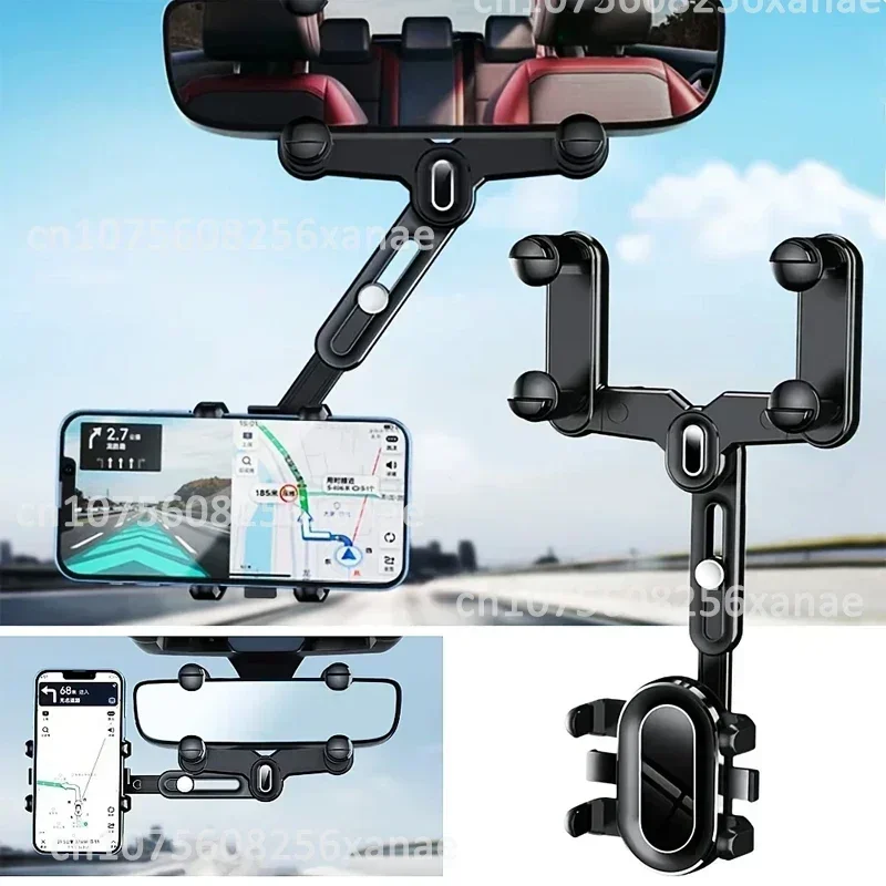 Large Rearview Mirror Phone Holder for Car 360°Rotatable and Retractable, for All Phones and All Car Rearview Mirror with Button
