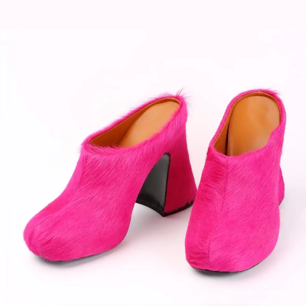 

High Chunky Heels Women Fluffy Fur Sandals Dress Slip On Slides Fashion Round Toe Slippers Custom Colors Shoes
