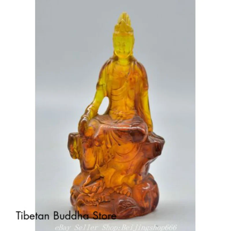 

6.4" Old Chinese Amber Carved Free Seat Kwan-yin Guan Yin Goddess Statue