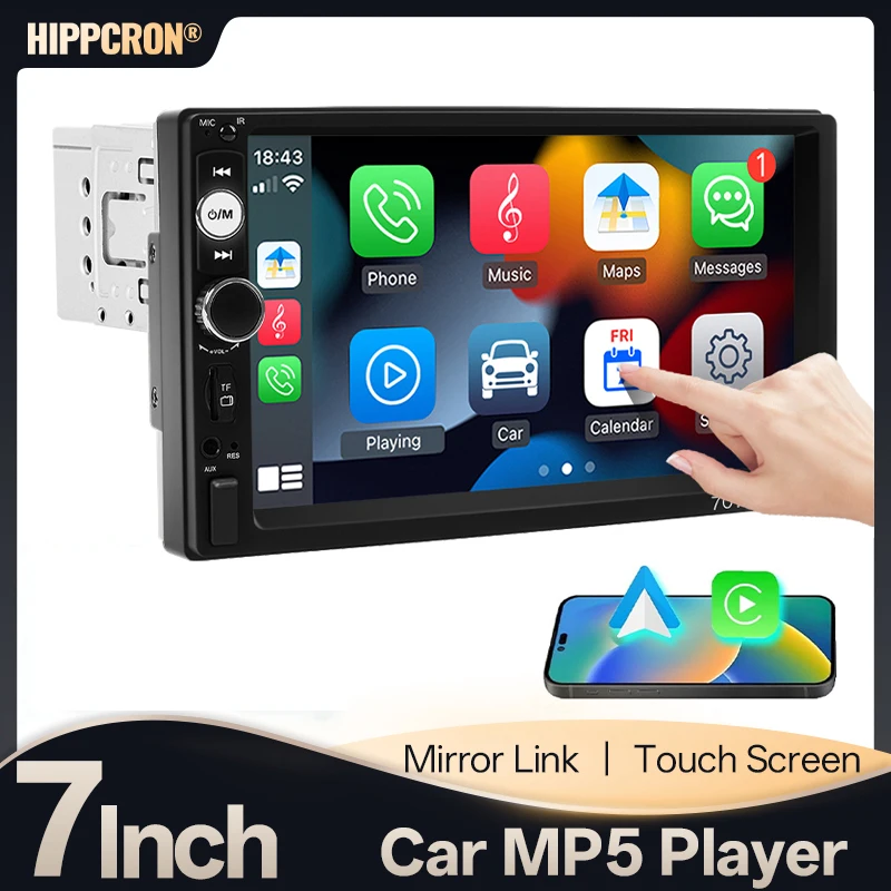 Radio para coche Hippcron 1 Din, reproductor multimedia MP5, pantalla táctil de 7 pulgadas, CarPlay con cable, Android, receptor FM automático, entrada AUX 1