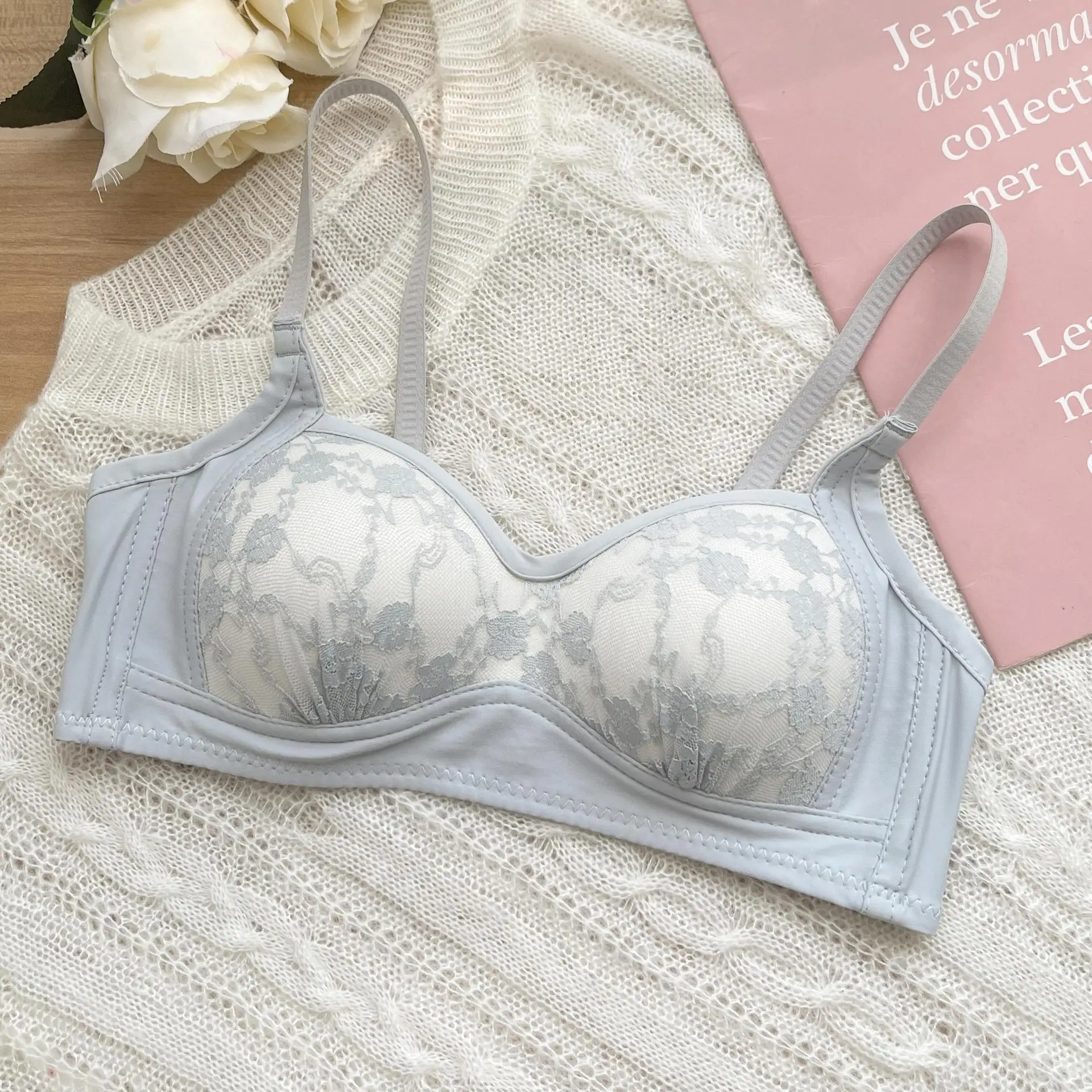 Non Steel Ring Gathered Underwear Women's Sexy Bra Flower Embroidery Bralette Comfort Push Up Lingerie Breathable Brassiere