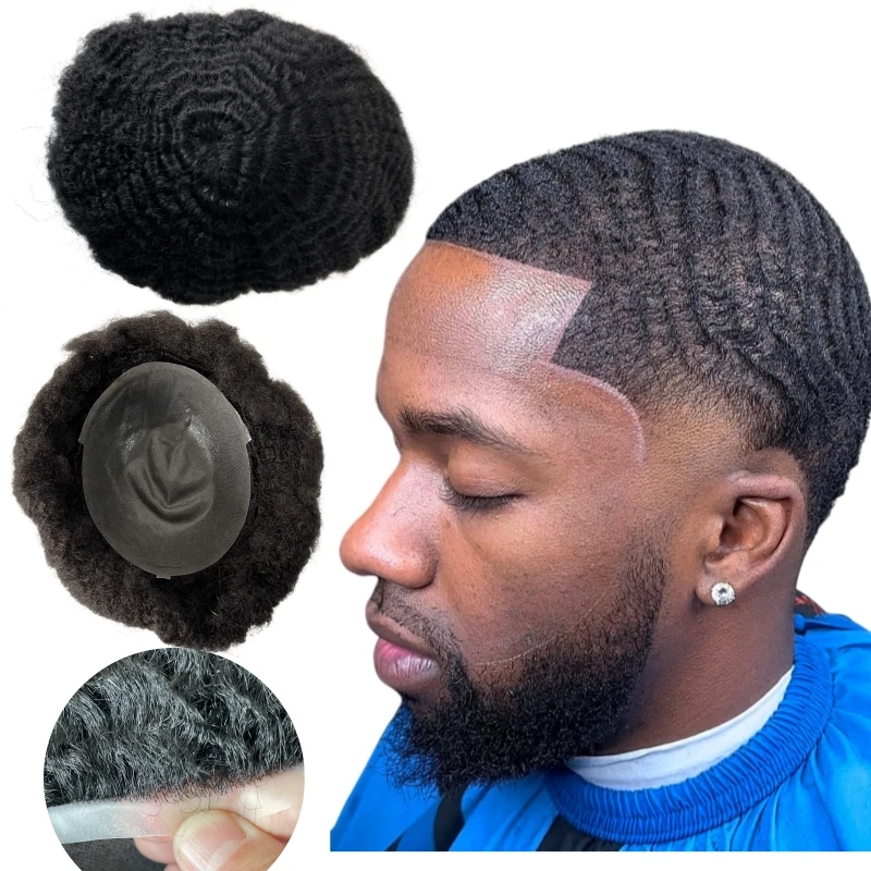 Burmese Virgin Human Hair Replacement Root 6mm Wave #1 Jet Black Color 8x10 Skin Knots PU Toupee for Black Men
