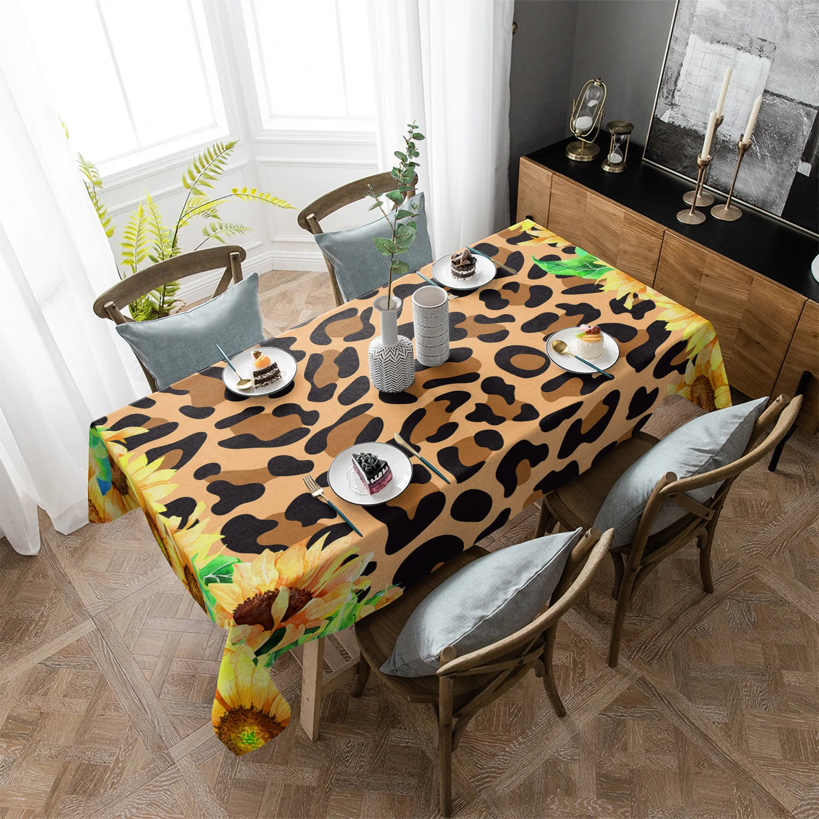 

Водонепроницаемая скатерть в виде подсолнуха с леопардовой текстурой, товары для украшения стола, прямоугольная ткань для декора кухонного стола