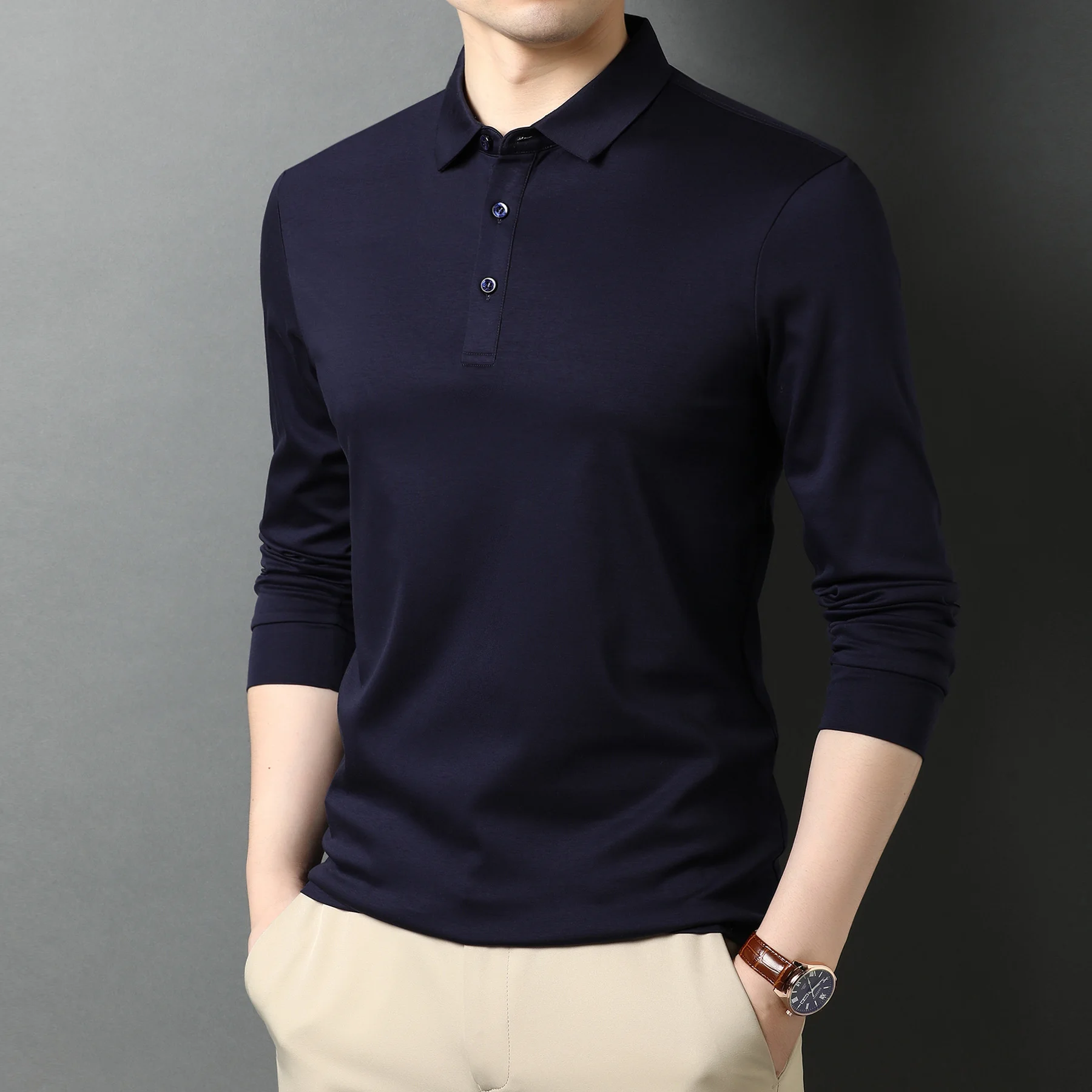 

Top Grade100% Mercerized Men's Cotton Long Sleeve Polo-Shirt New Spring Autumn Business Casual Classic Solid Color Polos
