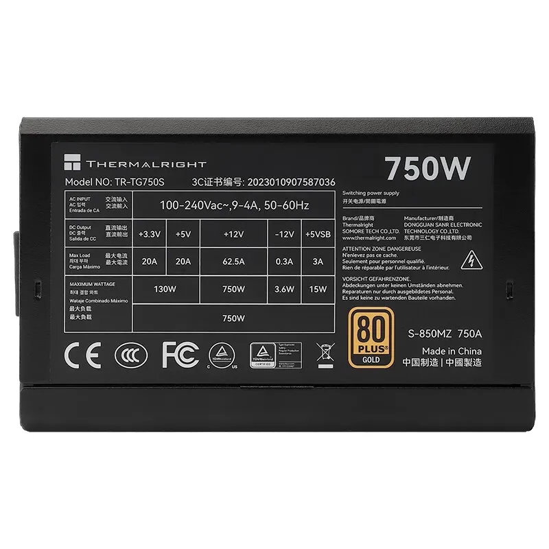 Thermalright TR-TG750S 컴퓨터 전원 공급 장치, 금메달 직접 출력 데스크탑 전기 기계식 24 핀, 12V ATX3.0, 750W 전원 장치
