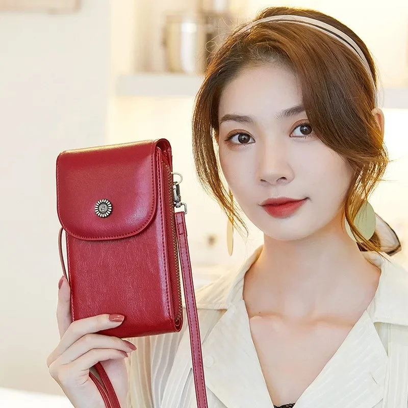 

2023 Korean Version New Small, Lightweight, and Simple Oil Wax Leather Vertical Mobile Phone Bag Versatile Women's Shoulder Bag