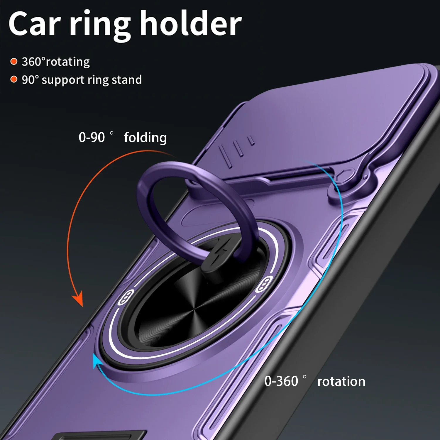 Shockproof Phone Case with Sliding Camera Protector and Metal Ring Stand, TPU Plastic Cover