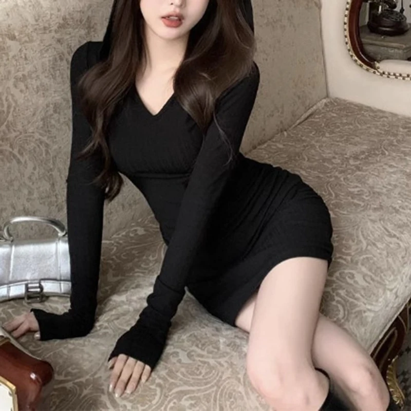 y2k Dress Women Coquette Aesthetic Clothing Solid Color Long Sleeve Bodycon Dresses Sexy Club Party Dresses Streetwear