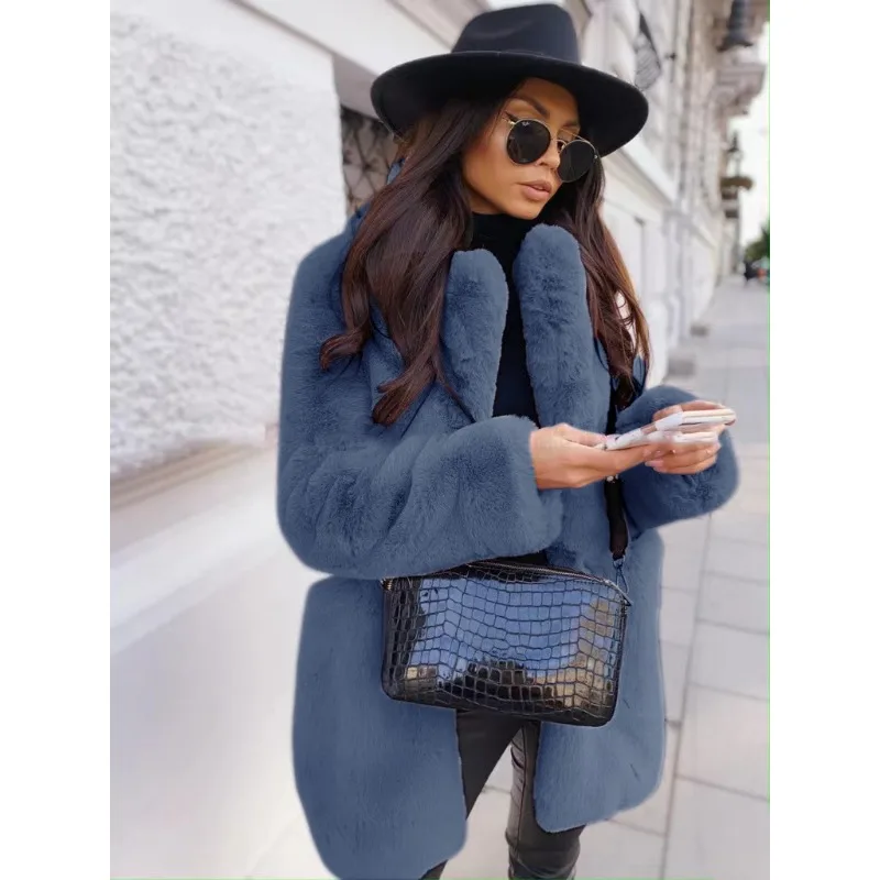 Autumn Winter New Elegant Long Sleeve Faux Fur Jacket Women's Wish European American Style Warm Solid Color Overcoat