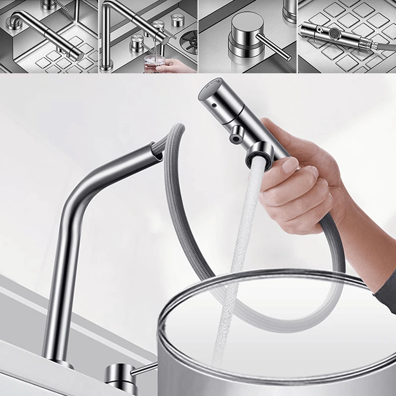 SUS 304 Stainless Steel Hidden kitchen Sink Single Flip Cover Hidden Sink Cup Rinser Handmade Brushed Stepped kitchen Sinks