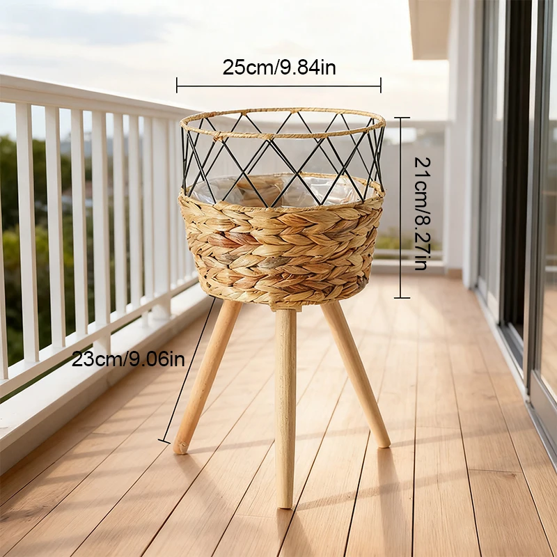 Elegant Rattan-Woven Plant Stand with Wooden Basket