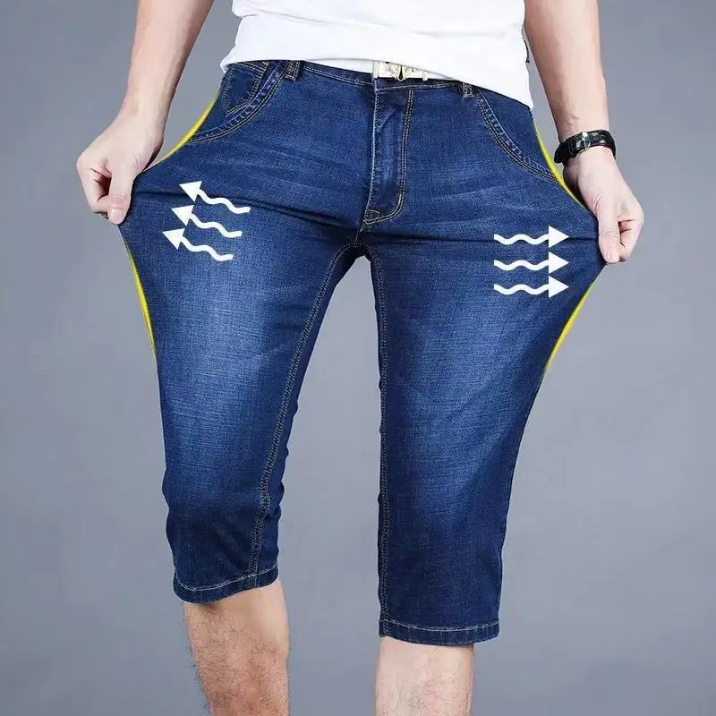 Summer Thin Denim Knee Pants Show Thin Elastic Men High Quality Straight Tube Loose Business Travel Luxury Design Quarter Shorts