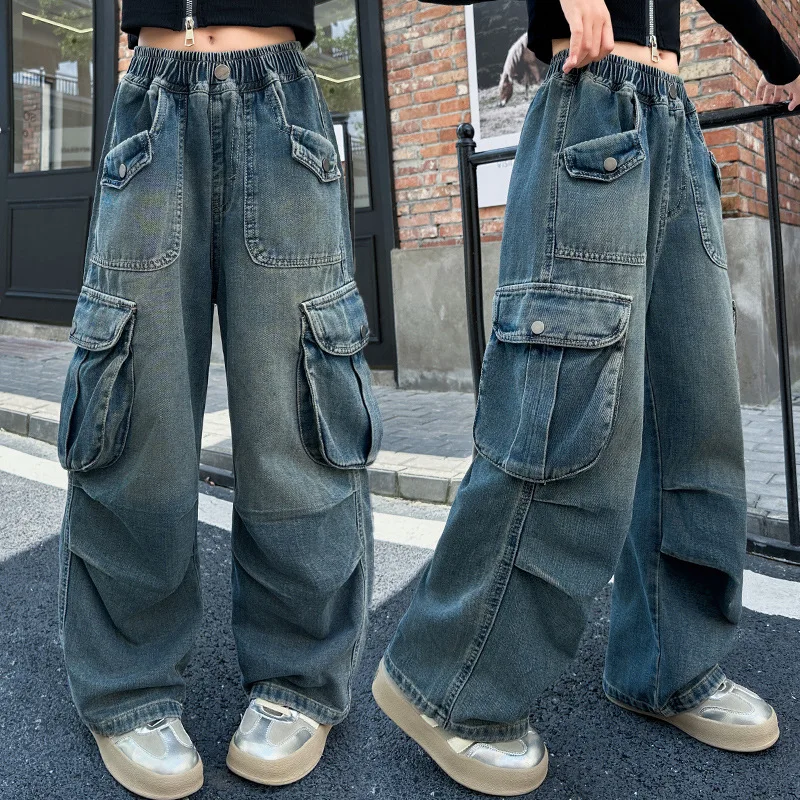 LOIJMK Grand jean pour fille avec taille élastique et jambes larges, pantalon baggy décontracté en denim, taille 5-14, t-shirt jaune, bleu, 4-5 ans