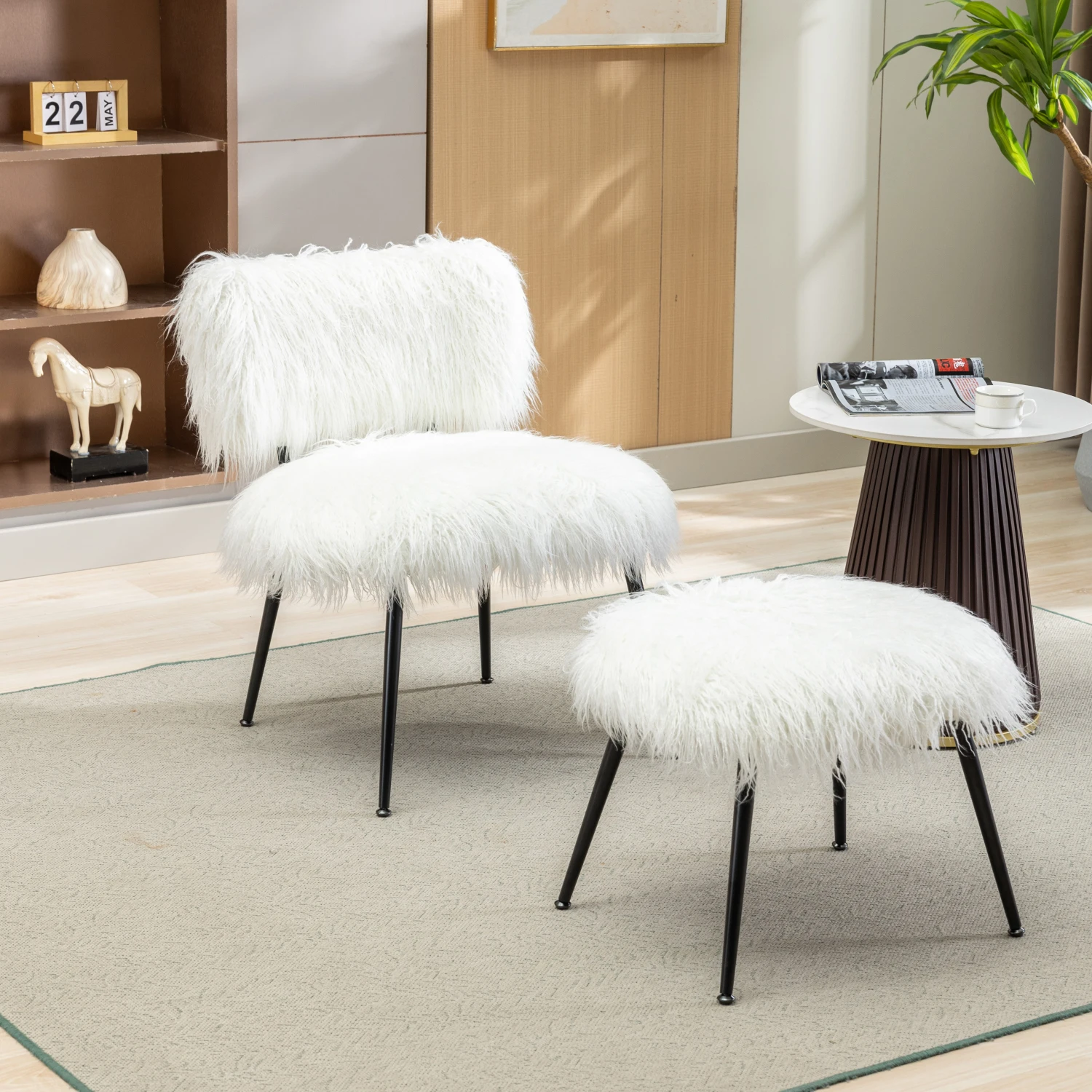 

Fluffy and Cozy 25.2'' Wide Ivory Faux Fur Plush Accent Chair with Ottoman for Living Room and Bedroom, Comfortable Mid Century