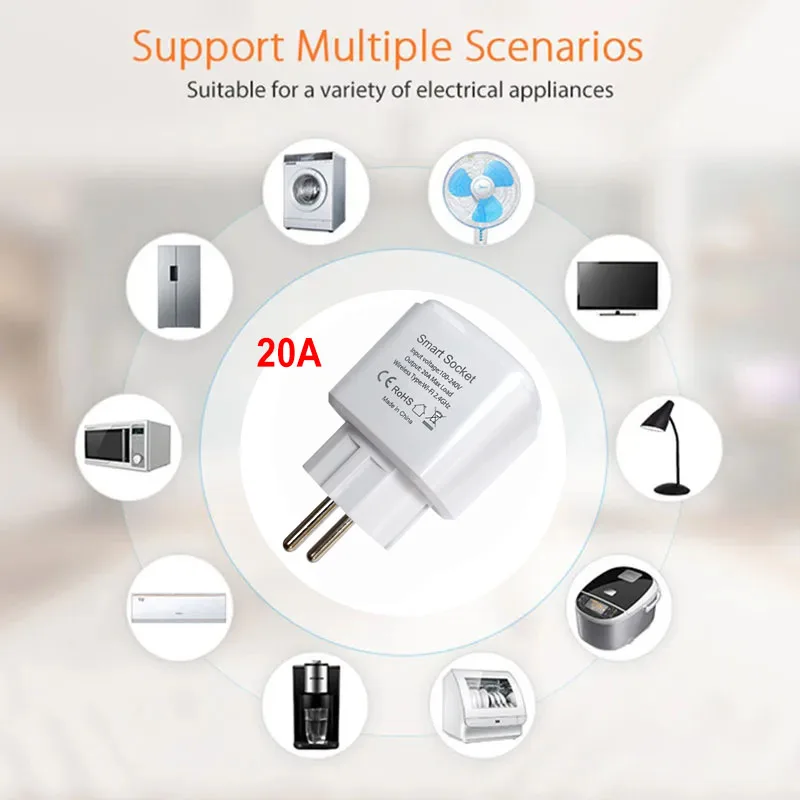 Tuya Smart Life WiFi Socket 20A EU France Plug App Remote Control Timing Power M