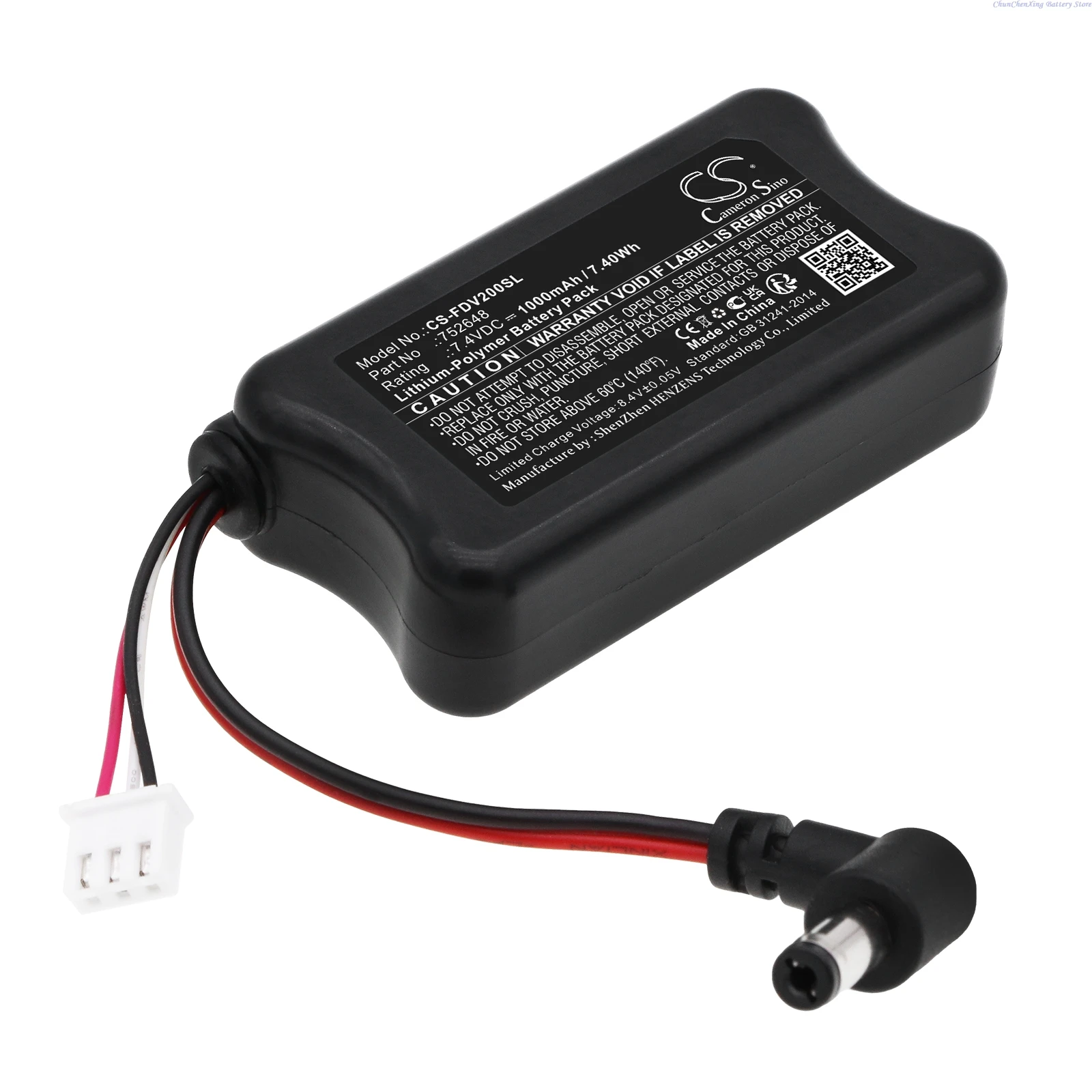 Vue de côté de la batterie 7.4V 1000mAh montrant l'épaisseur et le câble de sortie
