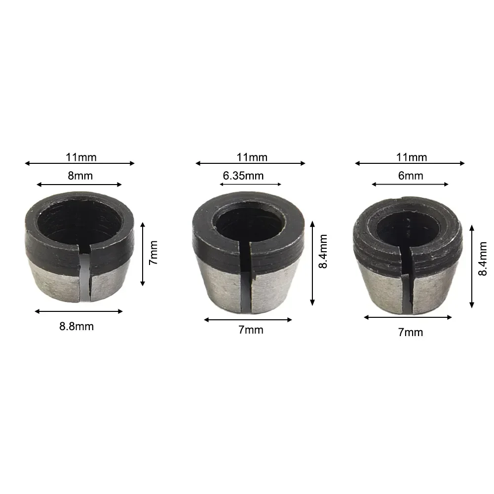 Power Tool Collet Chuck 3pcs 6mm/6.35mm/8mm Carbon Steel Collet Chuck Electric Router Milling Cutter High Strength Replacement