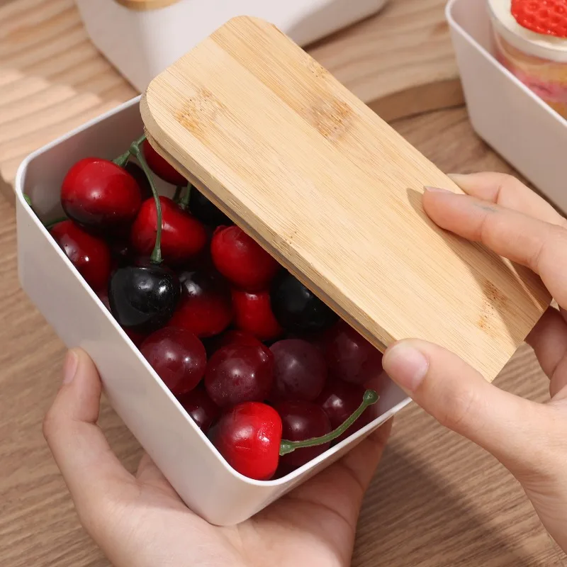 Butter Dish with Bamboo Lid Cover Rectangular Sealed Storage Box Restaurant Storage Plate Food Crisper Box for Countertop Fridge 4