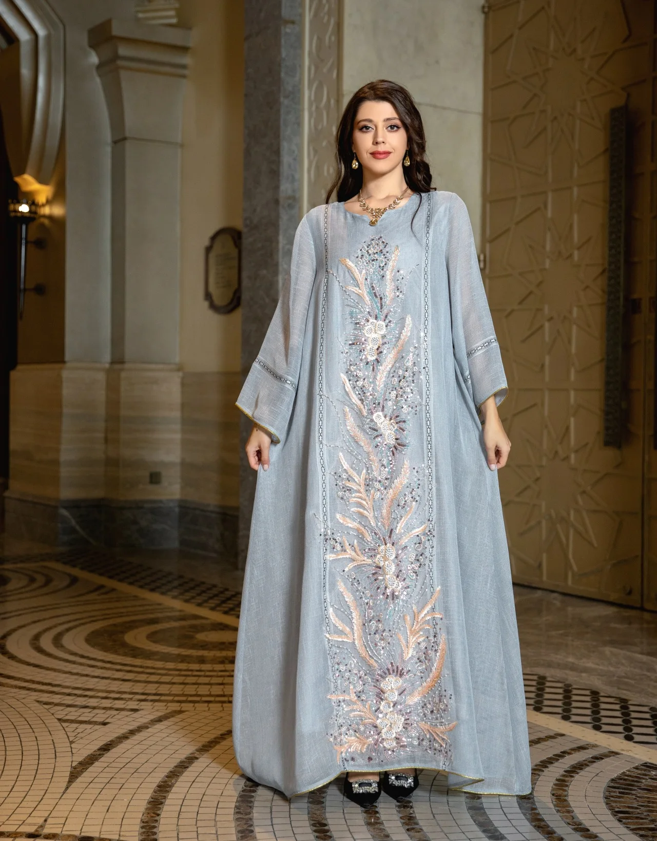 

Sparking Sequins Embroidery Elegant Arabic Dubai Ramadan Evening Dress Vintage Long Sleeves Fashion Muslim Middle East Robes