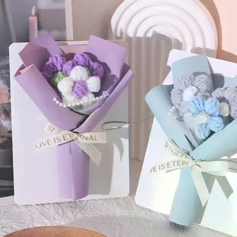 창의적인 3차원 꽃다발, 인사말 카드, 수제 크림 퍼프, 발렌타인데이 니트 꽃다발