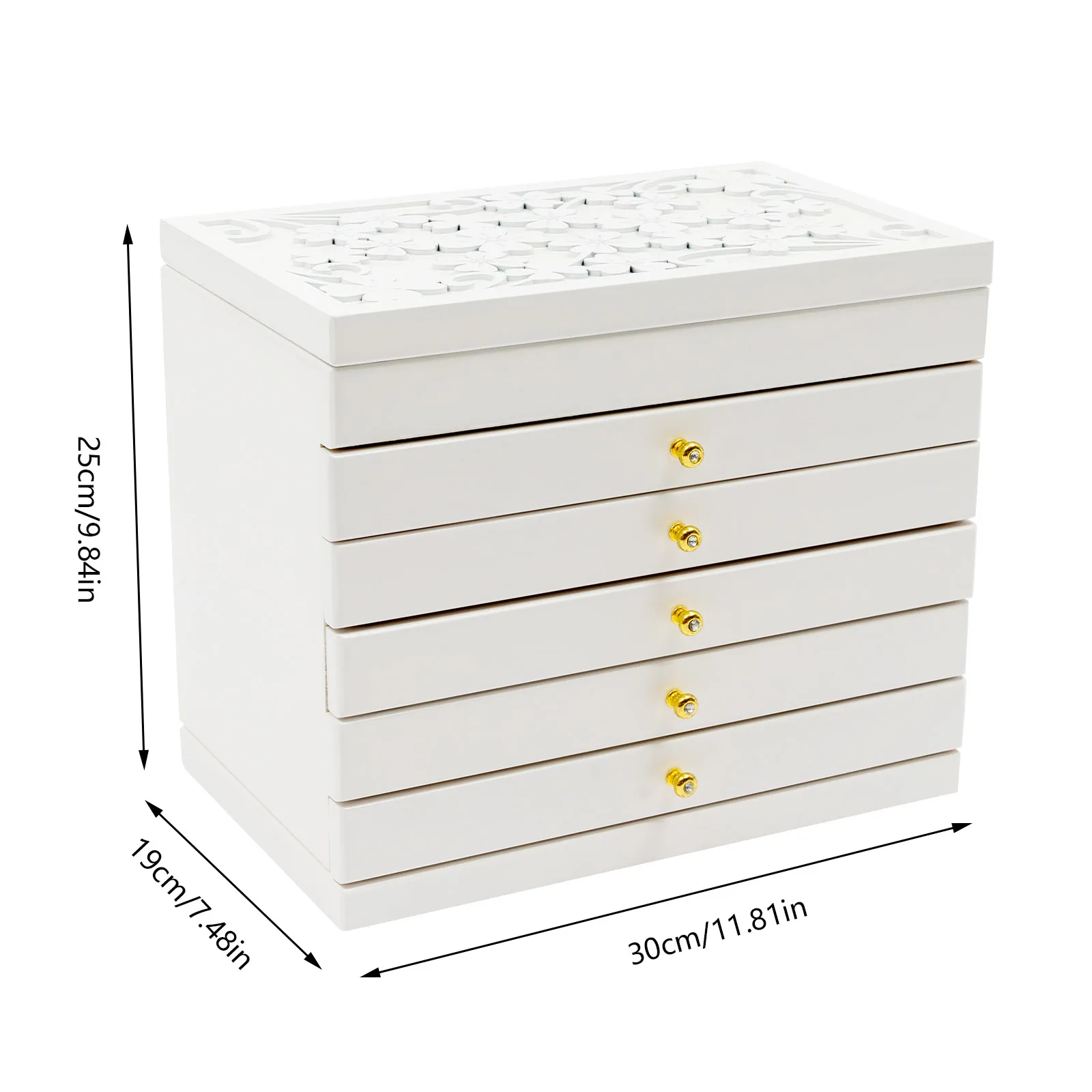 Boîte à bijoux blanche 6 tiroirs avec miroir sur une coiffeuse