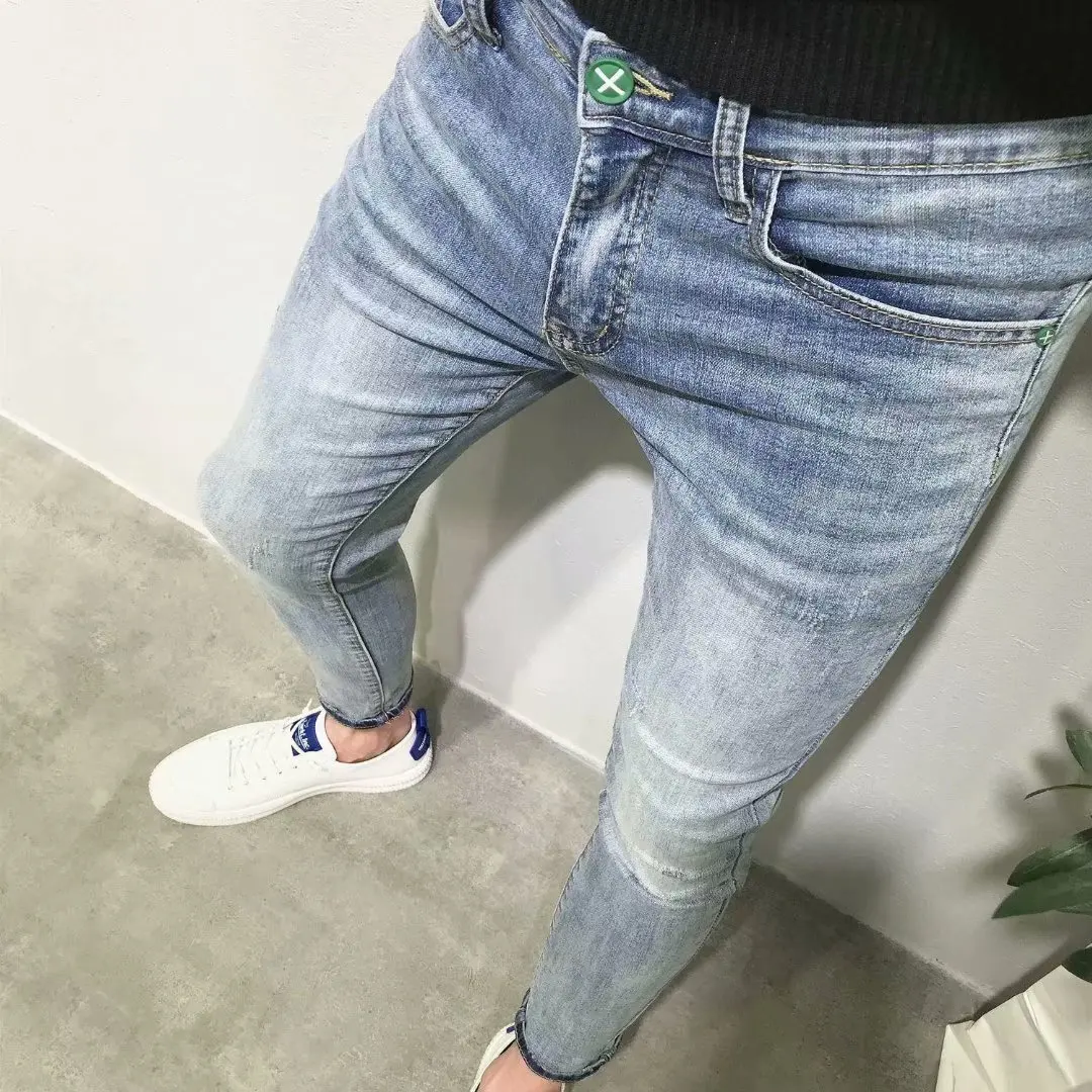 

Men's Social Spirit Joker Nine Jeans Korean Small Feet Slim Simple Long Youth Boys Teenagers Streetwear Washing Pencil Pants