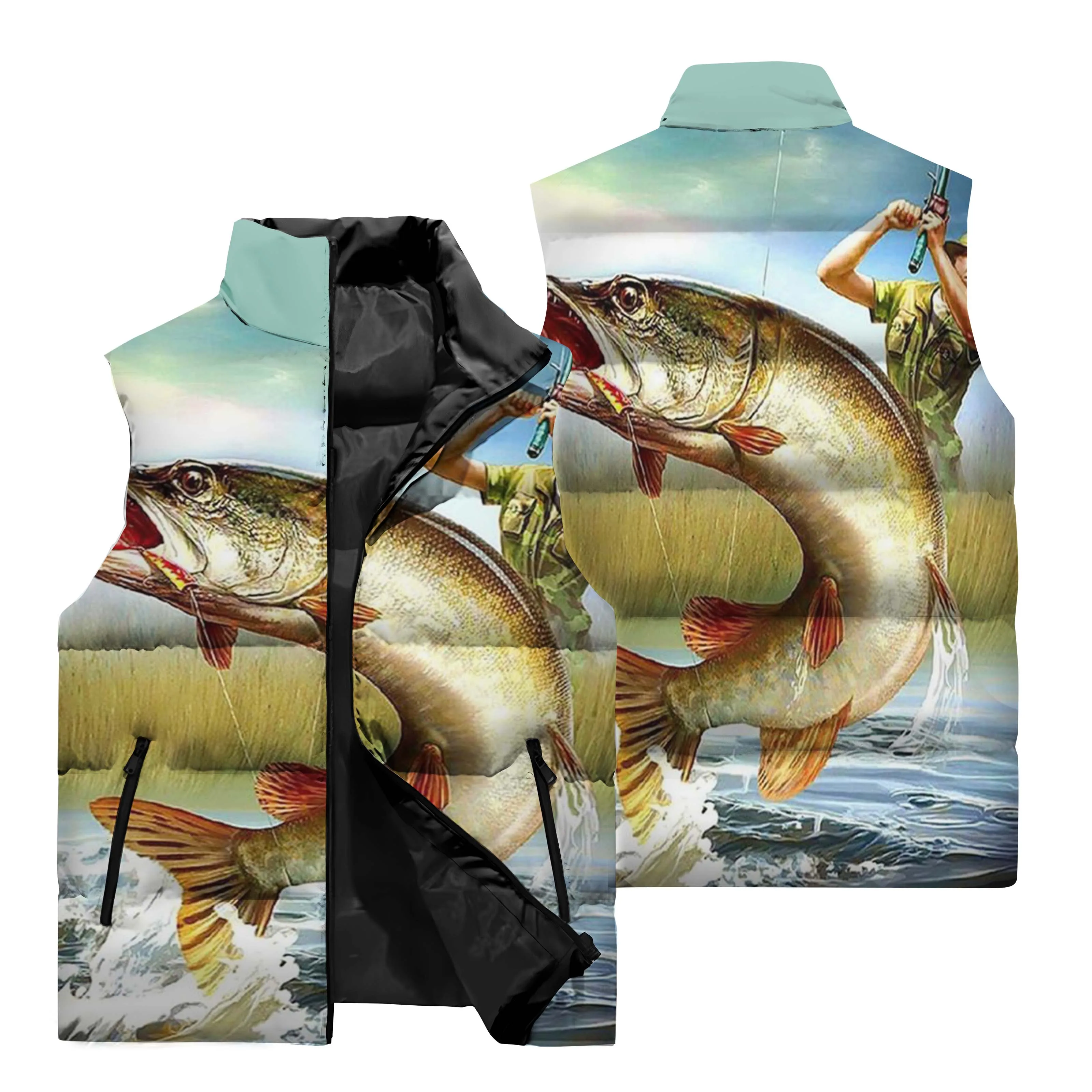 thumbnail image 1 of Chaqueta sin mangas de otoño e invierno para hombre con patrón de pesca, chaqueta con cremallera de cuello alto a prueba de viento y cálida, chaleco, 1 of 5