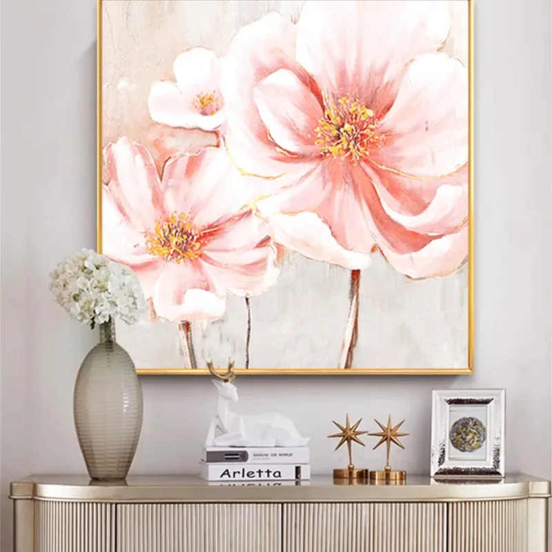 

Hand Painted Abstract Oil Painting Slightly Luxury Decorative Modern Minimalist Pink Flower Living Room Wall