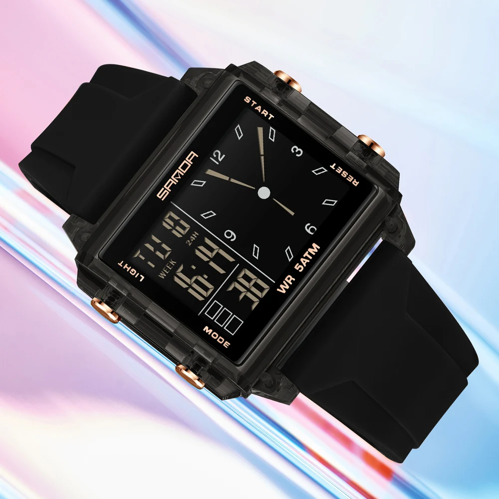 SANDA Unisex Waterproof Square Dial Digital Wristwatch with Countdown Timer and World Time Function