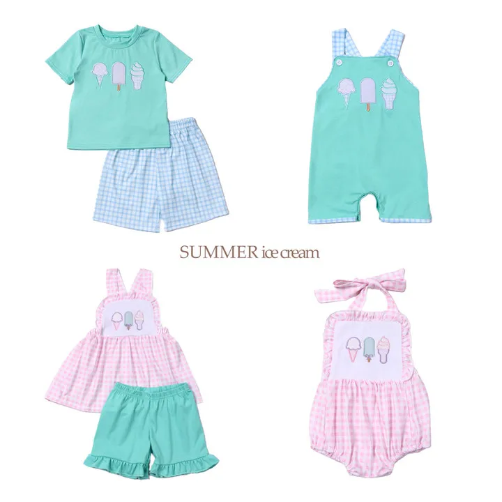 

Baby New Cotton Short Sleeved Green T-shirt Set Round Neck Ice-Cream Printing Boy Top Clothes And Blue Lattice Short Suit Romper