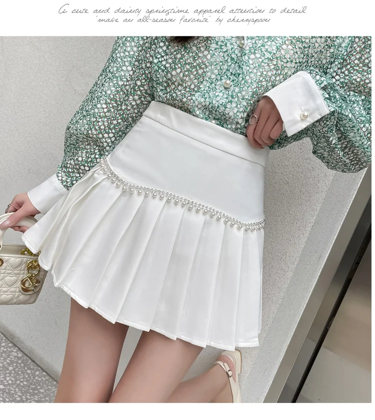 Beaded Pleated Skirts Women Mini Skirt Black White High Waist Slim A-Line Skirt Shorts Casual Zipper Spring Steetwear Korea N120 black maxi skirt