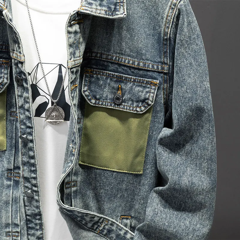 Korean Denim Jacket Men's Street Fashion Youth Casual Loose Trendy Retro Workwear Washed High-End Men's Top