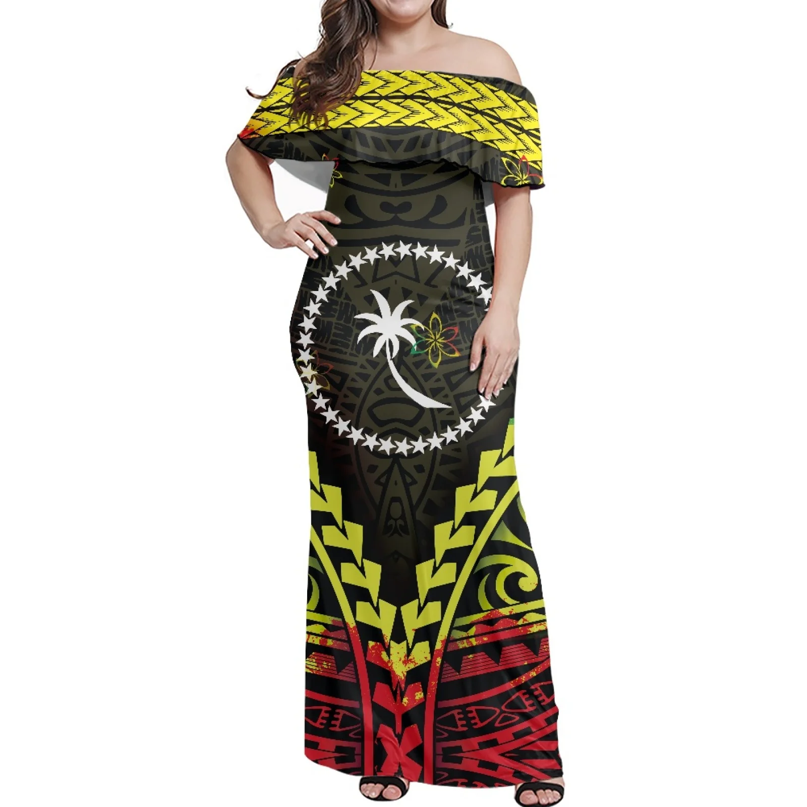 

One-Shoulder Short-Sleeved Skirt Polynesia Printing Chuk Flag Large Size Dress Summer Women Clothing Light Sexy Banquet Dress