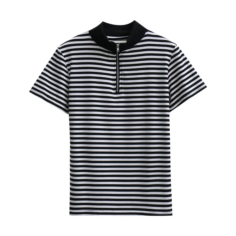 

2022 Ice Silk Sweater Women's Short Sleeved T-shirt Thin Slim Fit Spring and Summer Stand Collar Stripe Bottomed Shirt Top