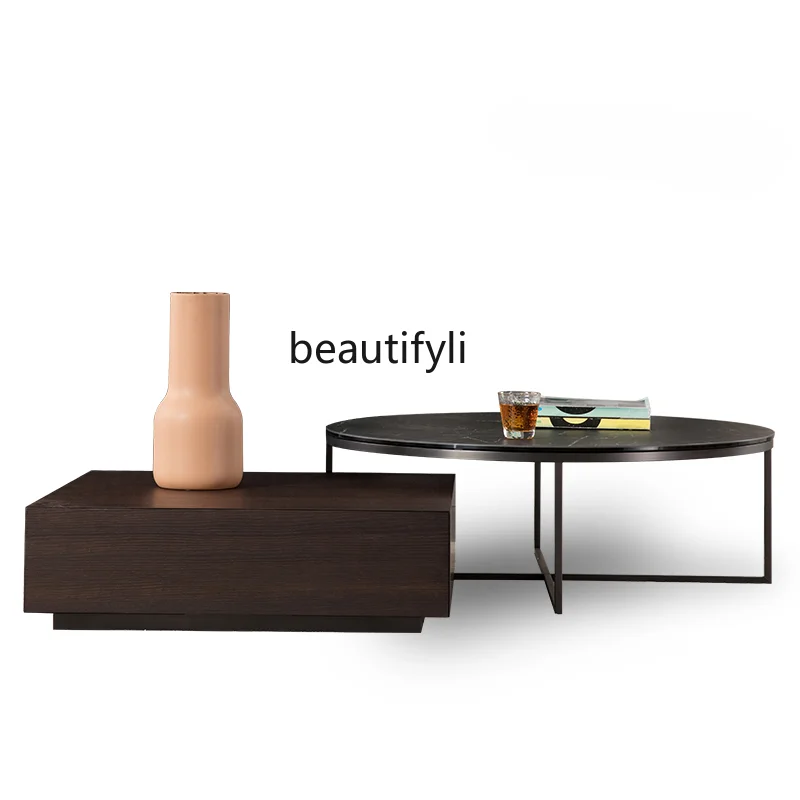 

Italian Coffee Table Combination Small Apartment Smoked Wood Leather Light Luxury Modern Minimalist Living Room Coffee Table