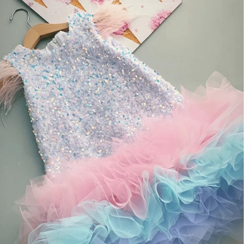 

Baby Girl Princess Feather Sequin Dress Infant Toddler Child Teens Rainbow Vestido Party Pageant Birthday Baby Clothes 1-14Y