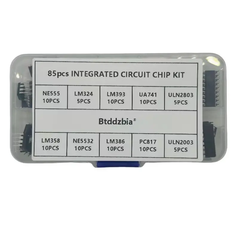 85-Piece Integrated Circuit Chip Kit with Multiple IC Specifications