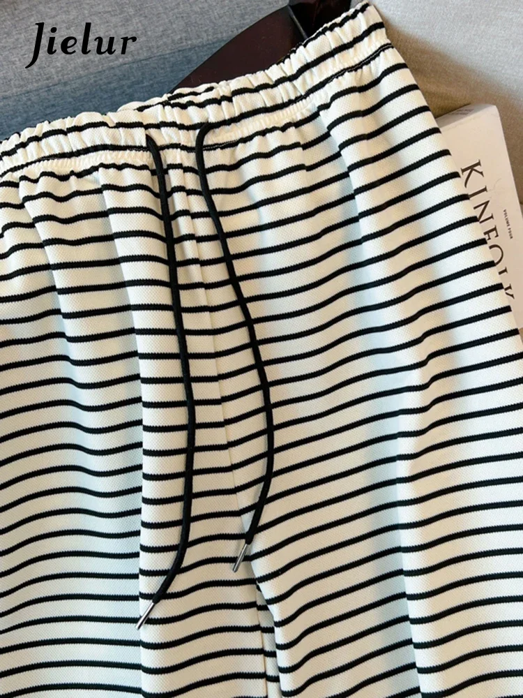 Jielur New Loose Slim Summer Pants Woman Straight Side-striped Casual High Waist Pants Female White Black Korean Women's Pants