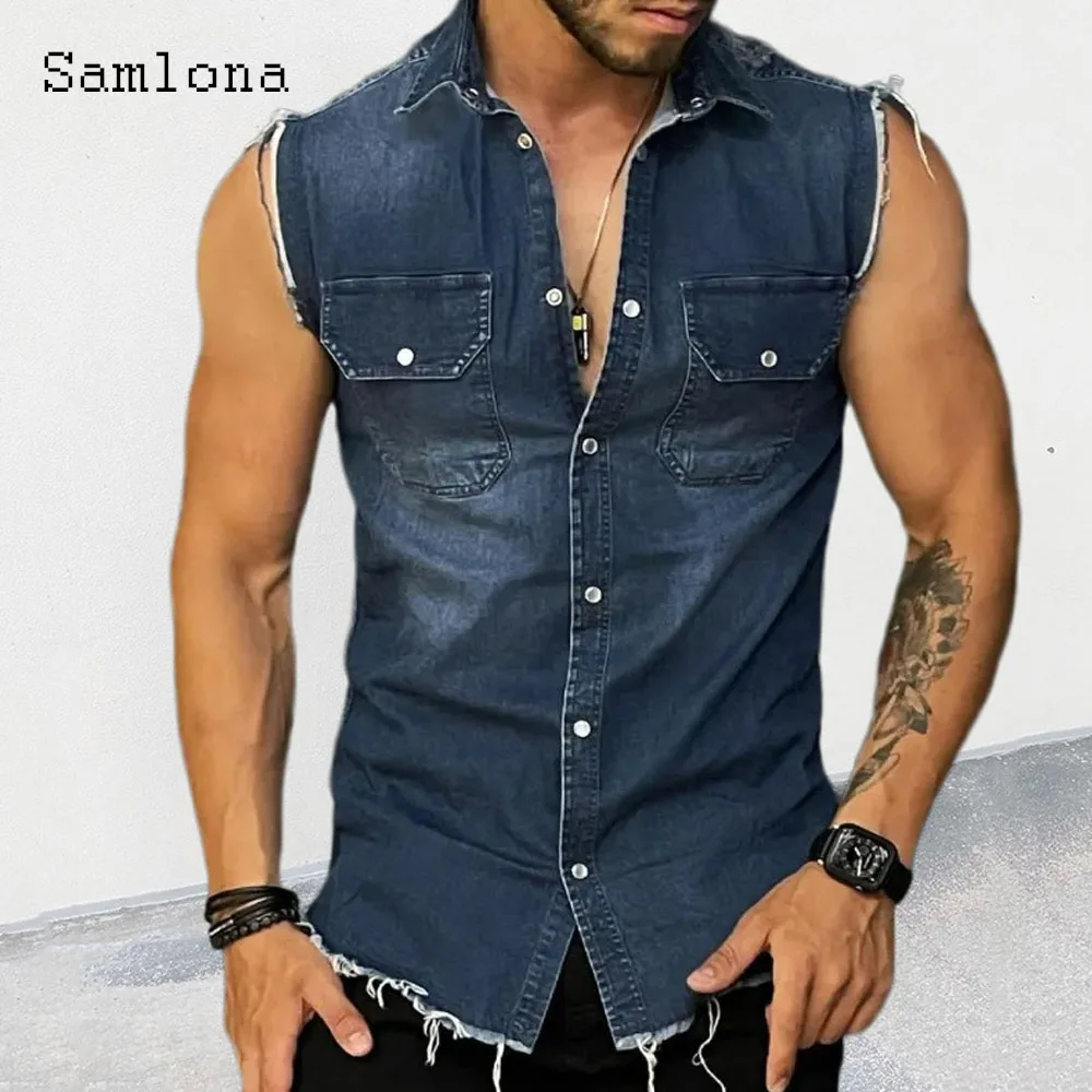 Samlona Men Ultime Casual Demin Canotte Mens Streetwear 2023 Summer Fashion Strappato Jean Vest Tshirt Senza Maniche Da Uomo