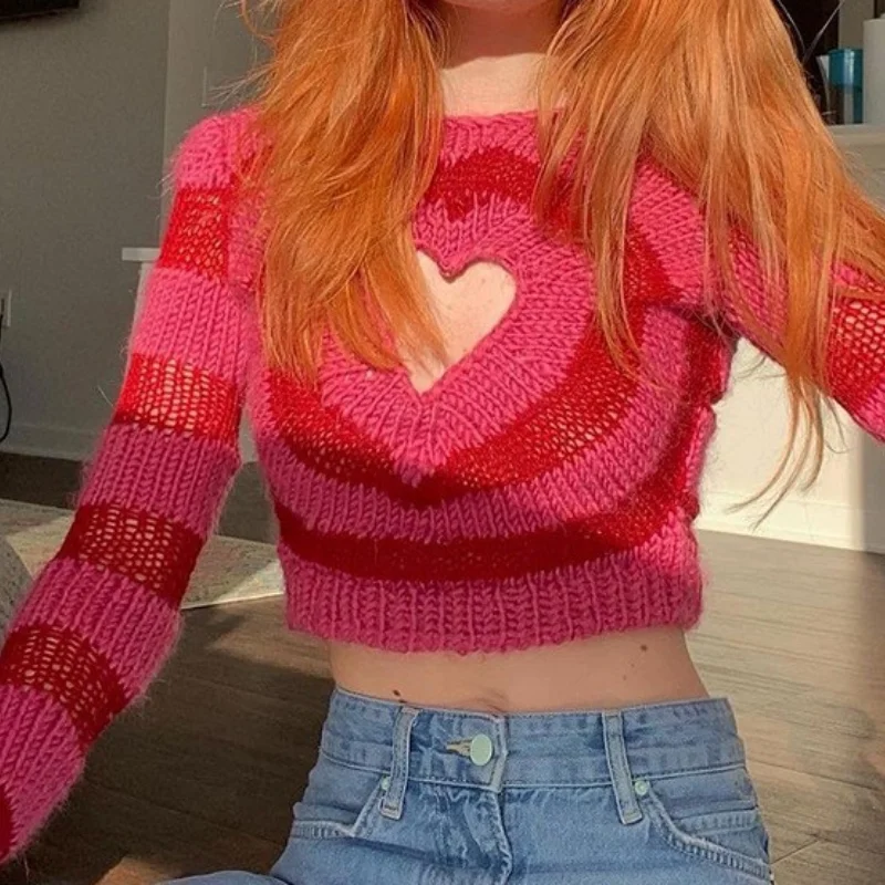 

Sexy Heart Hollowed Out Sweaters Women Autumn Winter Sweet O Neck Striped Knitted Pullover Female Aesthetic Streetwear Crop Top