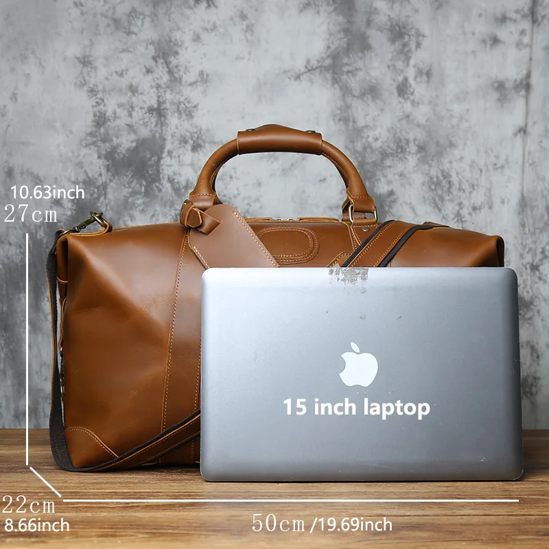 NZPJ Vintage Genuine Leather Men's Travel Bag, Large Capacity Luggage Bag, Crazy Horse Leather Handbag, Natural Cowhide Crossbod