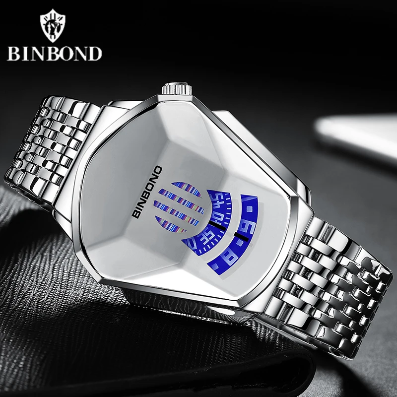 BINBOND Men Popular Fashion Motorcycle Concept Quartz Watch Luminous Steel Band Mesh Watch Touch Screen Black Technology Watch