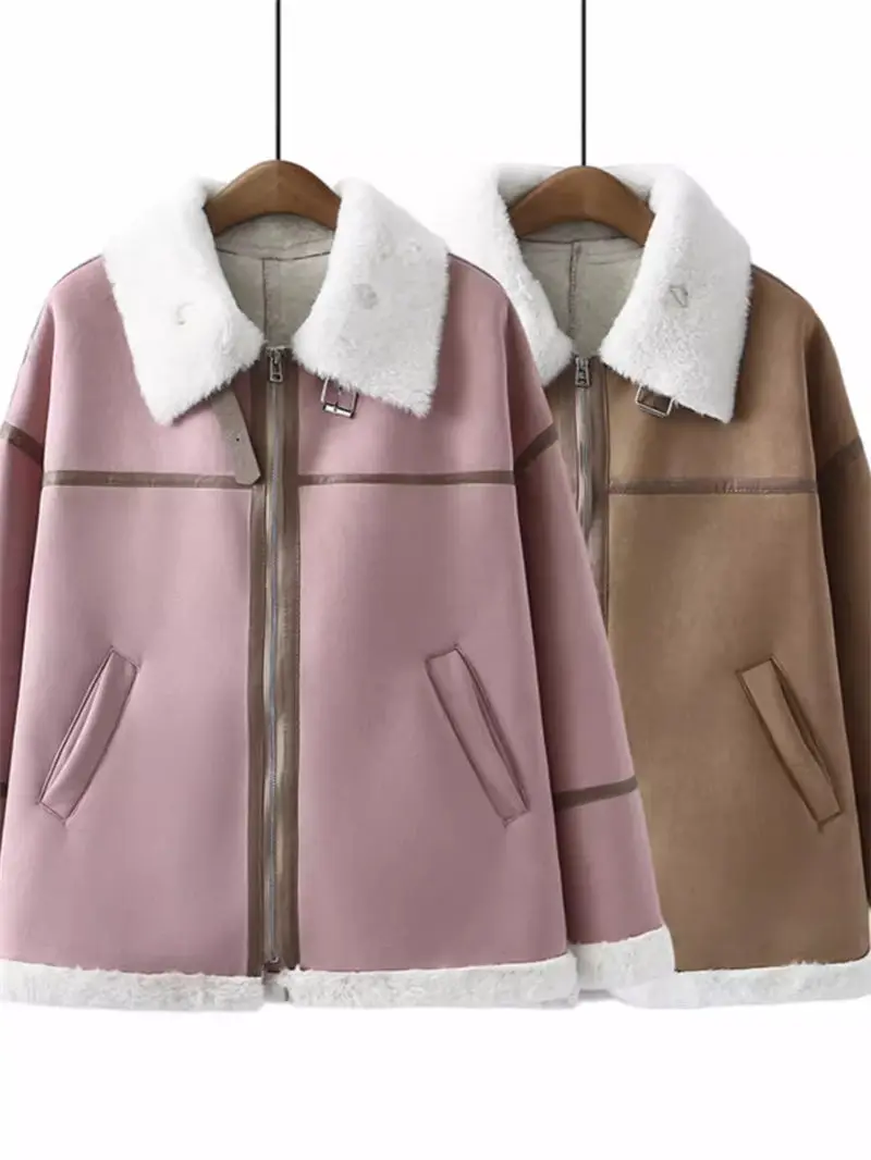 

Женская куртка из меха ягненка, плюшевое утепленное замшевое пальто большого размера с длинным рукавом, верхняя одежда, Z4668, Осень-зима 2023